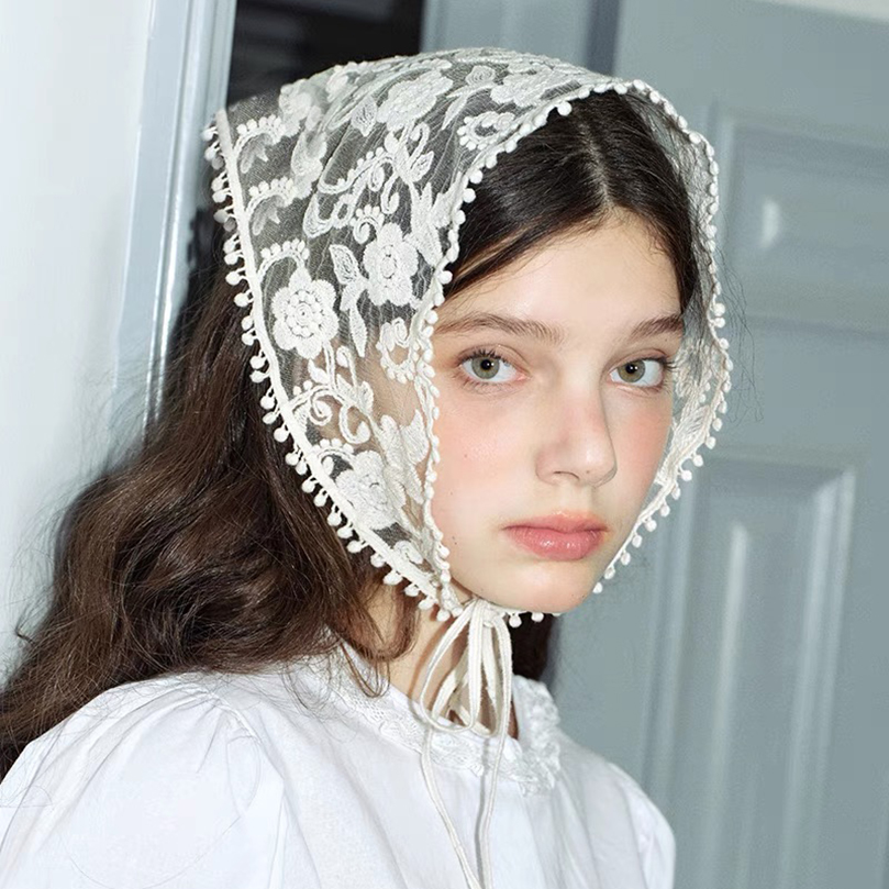 Travel Accessories Aesthetic - Putih Woven bunga renda syal rambut